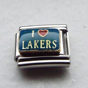 I heart Lakers on blue enamel 9mm stainless steel italian charm bracelet link